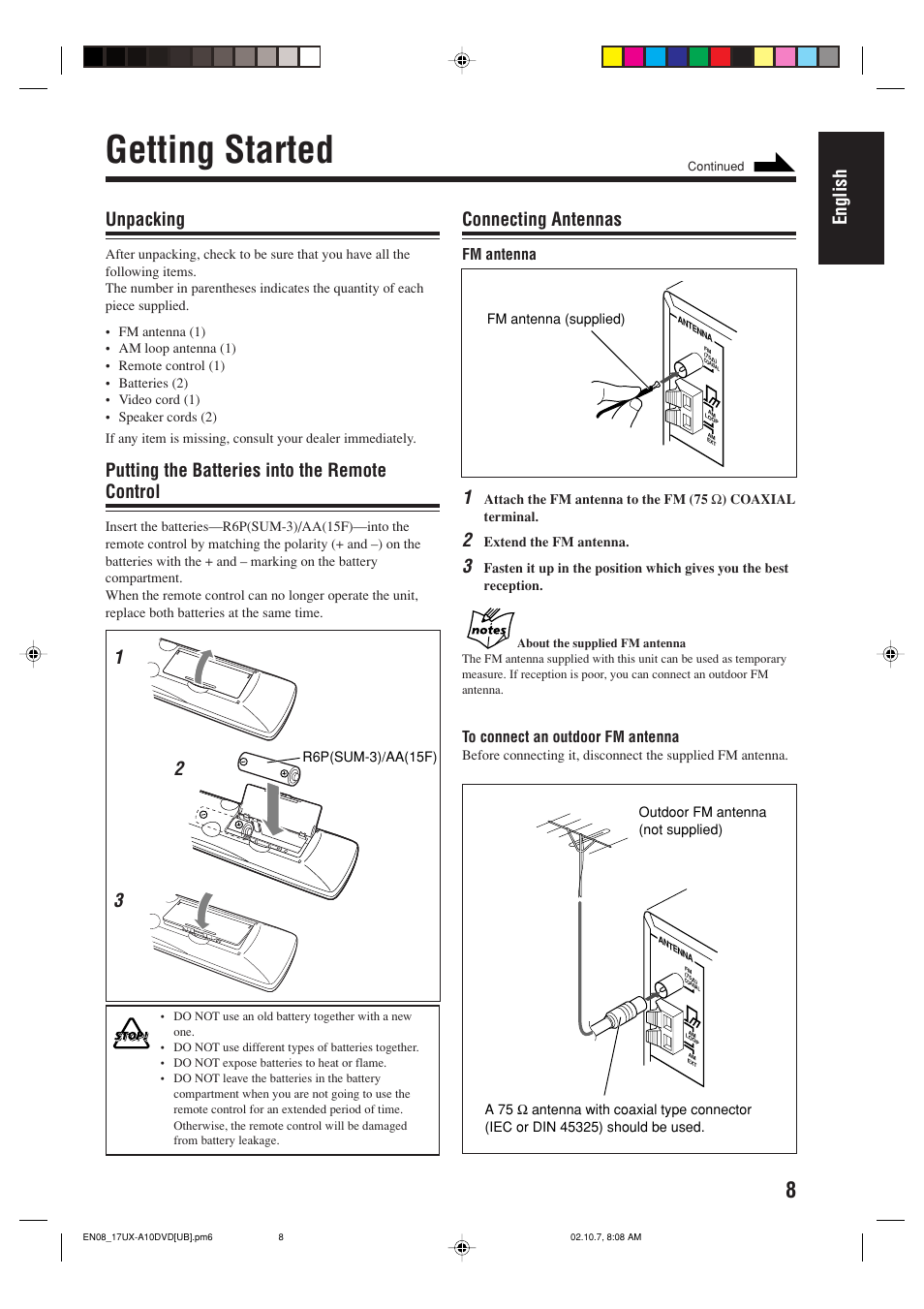 Getting started, English, Unpacking | Putting the batteries into the remote control, Connecting antennas, Fm antenna | JVC UX-A10DVD User Manual | Page 11 / 106