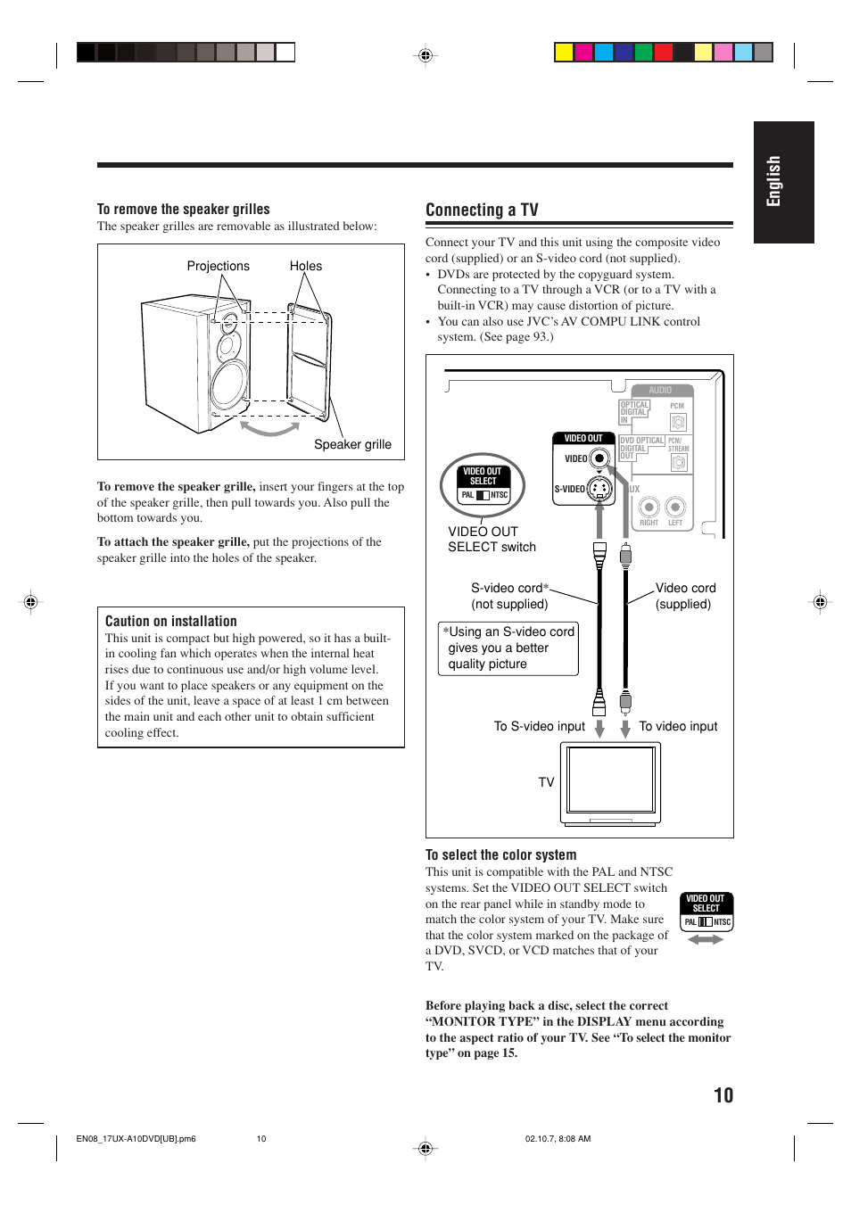 English, Connecting a tv, Caution on installation | JVC UX-A10DVD User Manual | Page 13 / 106