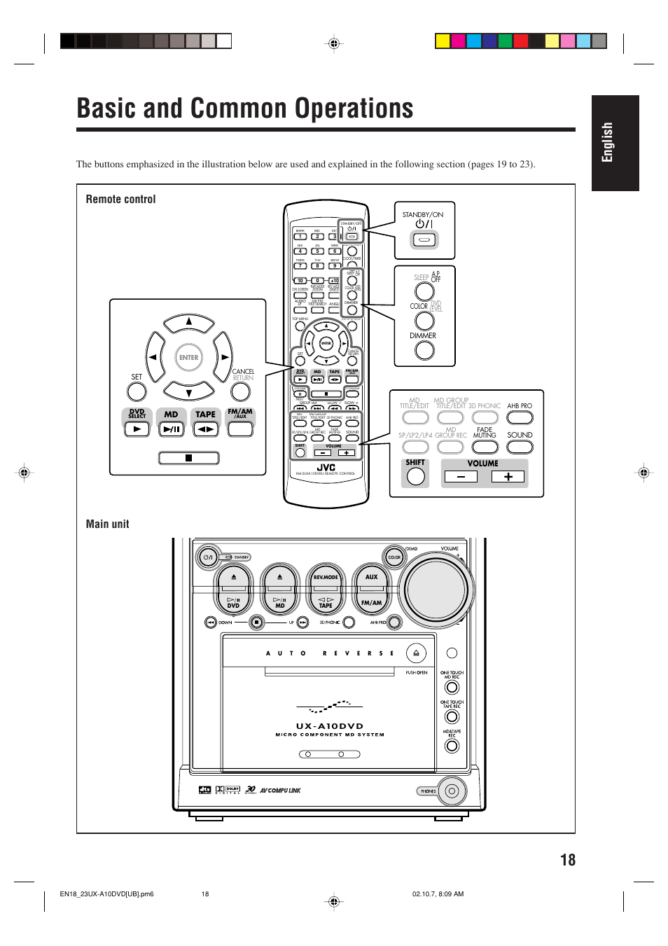 Basic and common operations, English, Remote control main unit | Tape md, Volume | JVC UX-A10DVD User Manual | Page 21 / 106