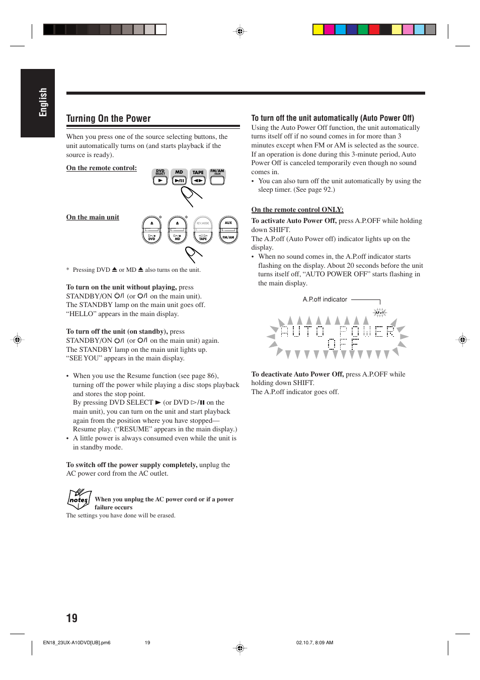 English, Turning on the power | JVC UX-A10DVD User Manual | Page 22 / 106