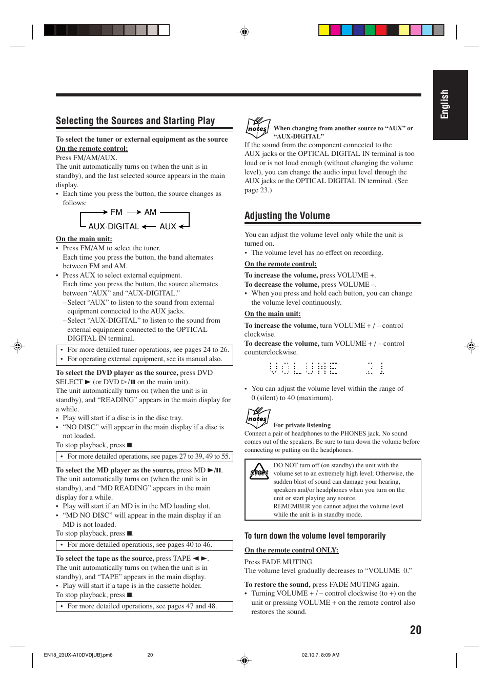 English, Adjusting the volume, Selecting the sources and starting play | JVC UX-A10DVD User Manual | Page 23 / 106