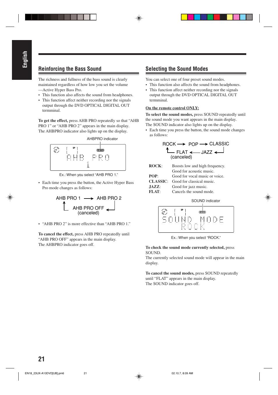 English selecting the sound modes, Reinforcing the bass sound | JVC UX-A10DVD User Manual | Page 24 / 106