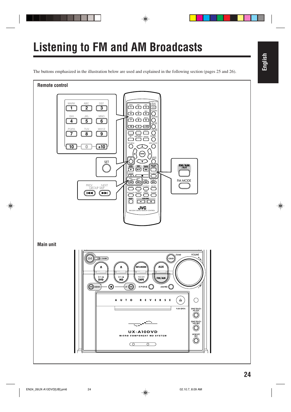 Listening to fm and am broadcasts, English, Remote control main unit | JVC UX-A10DVD User Manual | Page 27 / 106