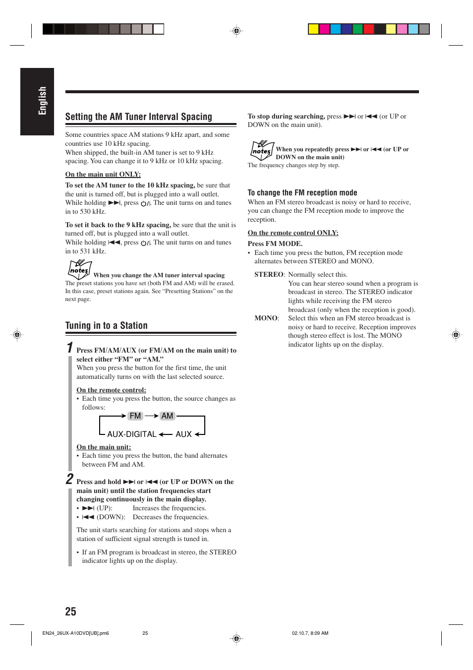English setting the am tuner interval spacing, Tuning in to a station | JVC UX-A10DVD User Manual | Page 28 / 106