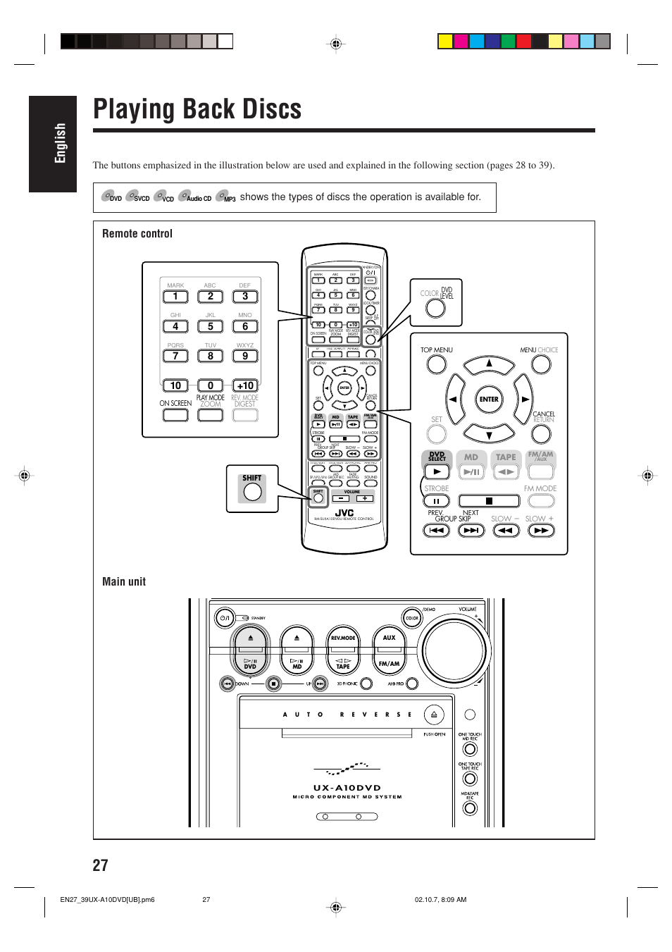 Playing back discs, English, Main unit | Remote control | JVC UX-A10DVD User Manual | Page 30 / 106