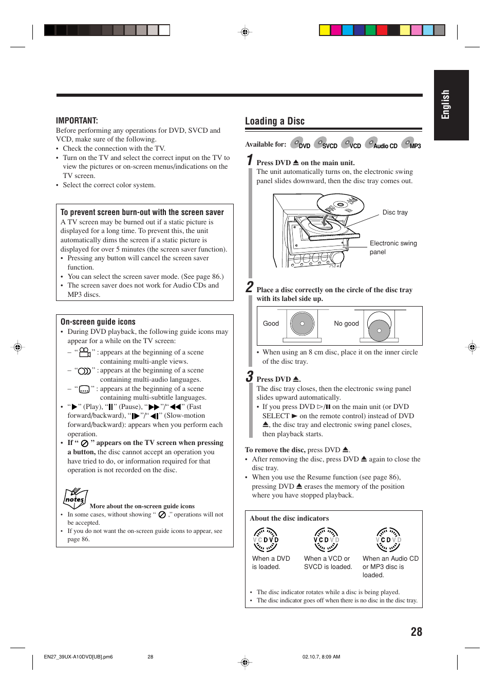 English, Loading a disc | JVC UX-A10DVD User Manual | Page 31 / 106