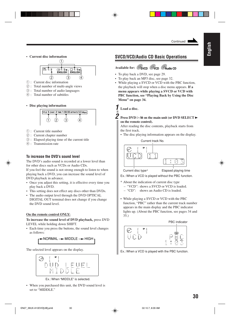 English, Svcd/vcd/audio cd basic operations | JVC UX-A10DVD User Manual | Page 33 / 106