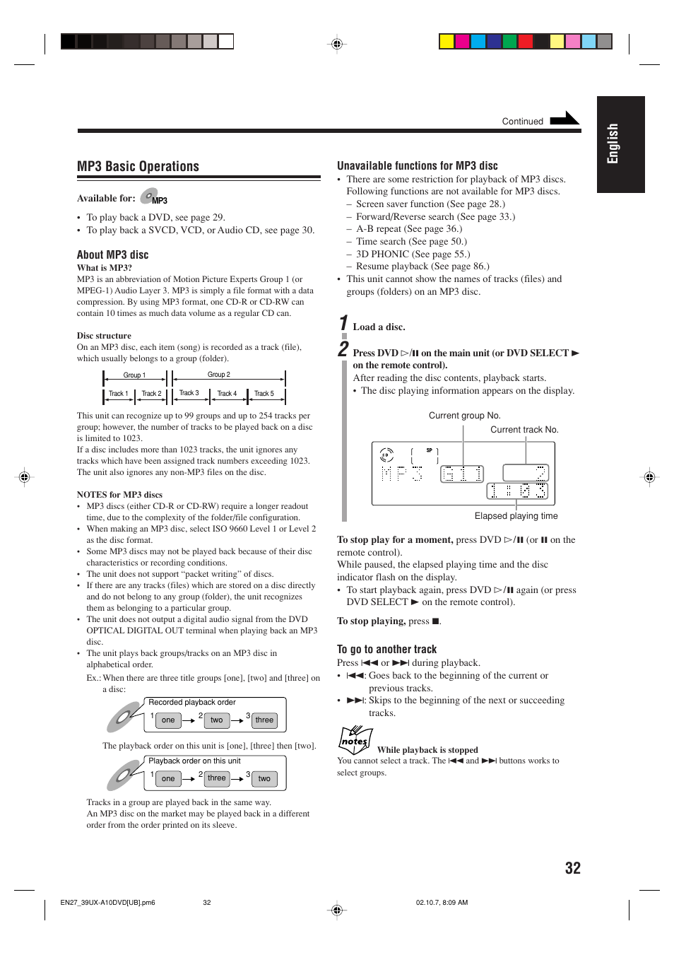English, Mp3 basic operations | JVC UX-A10DVD User Manual | Page 35 / 106