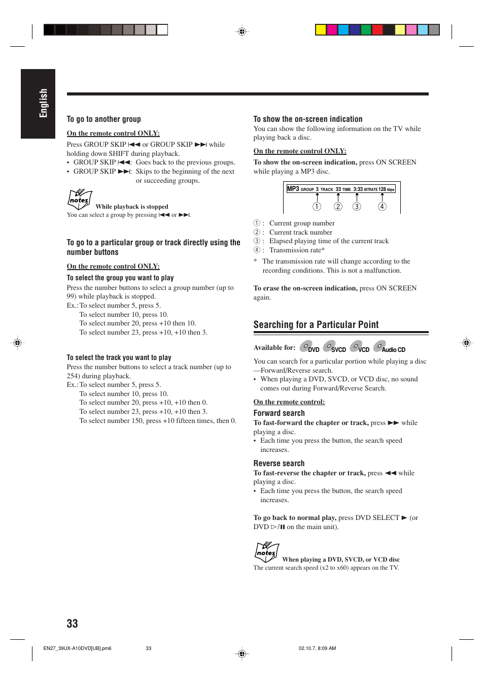 English, Searching for a particular point | JVC UX-A10DVD User Manual | Page 36 / 106