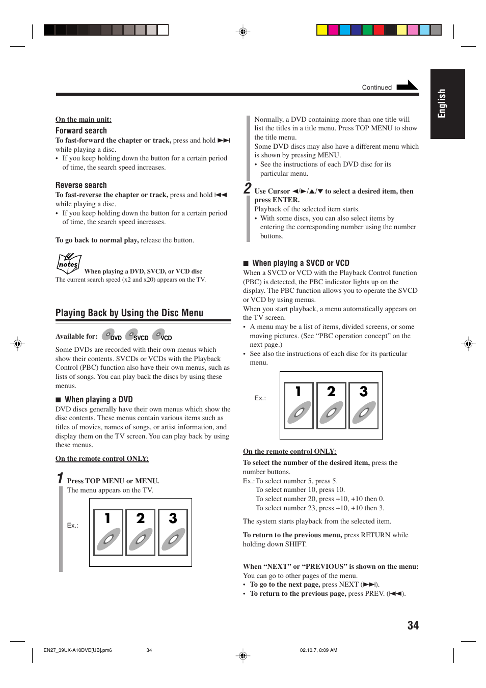 English, Playing back by using the disc menu | JVC UX-A10DVD User Manual | Page 37 / 106