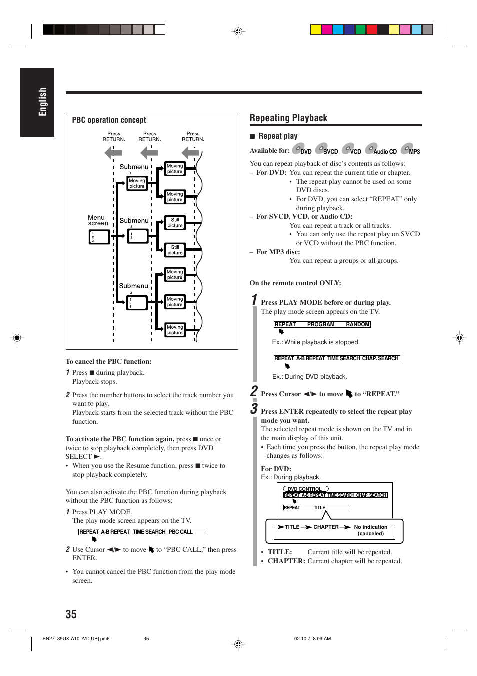 English, Repeating playback | JVC UX-A10DVD User Manual | Page 38 / 106