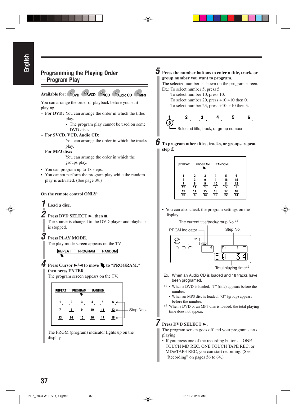 English, Programming the playing order —program play | JVC UX-A10DVD User Manual | Page 40 / 106