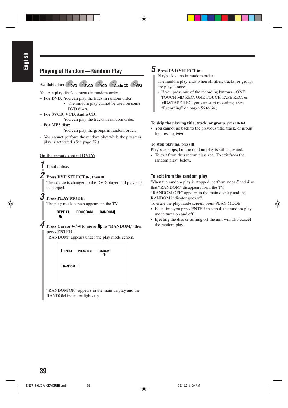 English, Playing at random—random play | JVC UX-A10DVD User Manual | Page 42 / 106