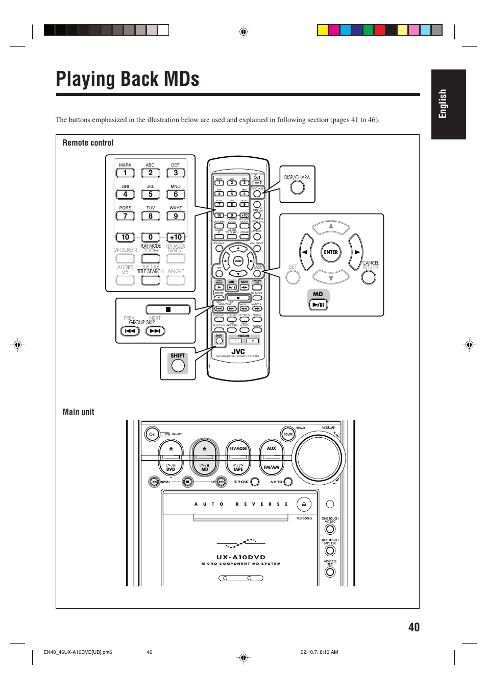 Playing back mds, English, Main unit | Remote control | JVC UX-A10DVD User Manual | Page 43 / 106