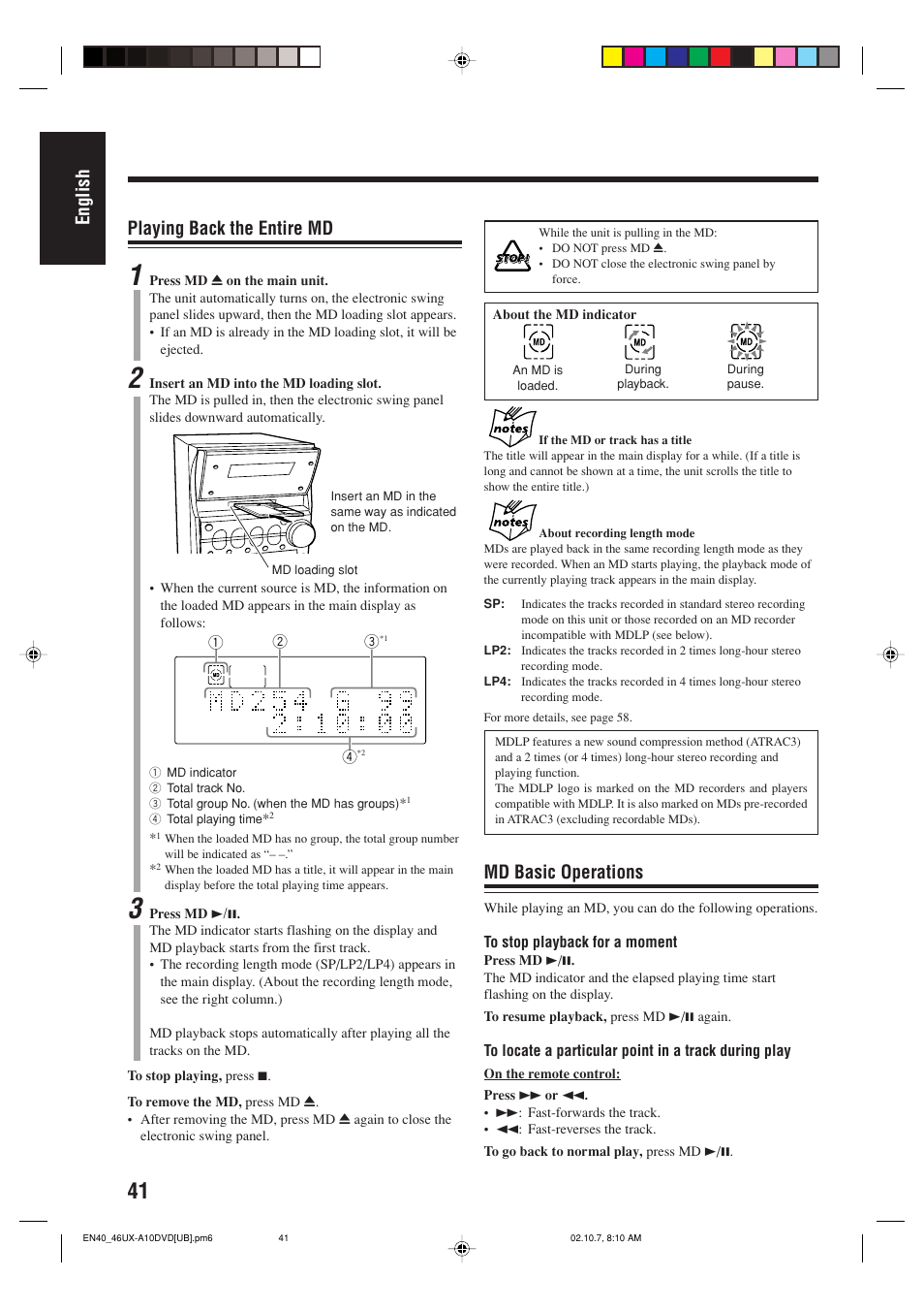 English, Md basic operations, Playing back the entire md | JVC UX-A10DVD User Manual | Page 44 / 106