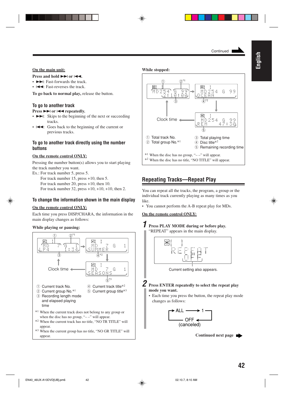 English, Repeating tracks—repeat play | JVC UX-A10DVD User Manual | Page 45 / 106