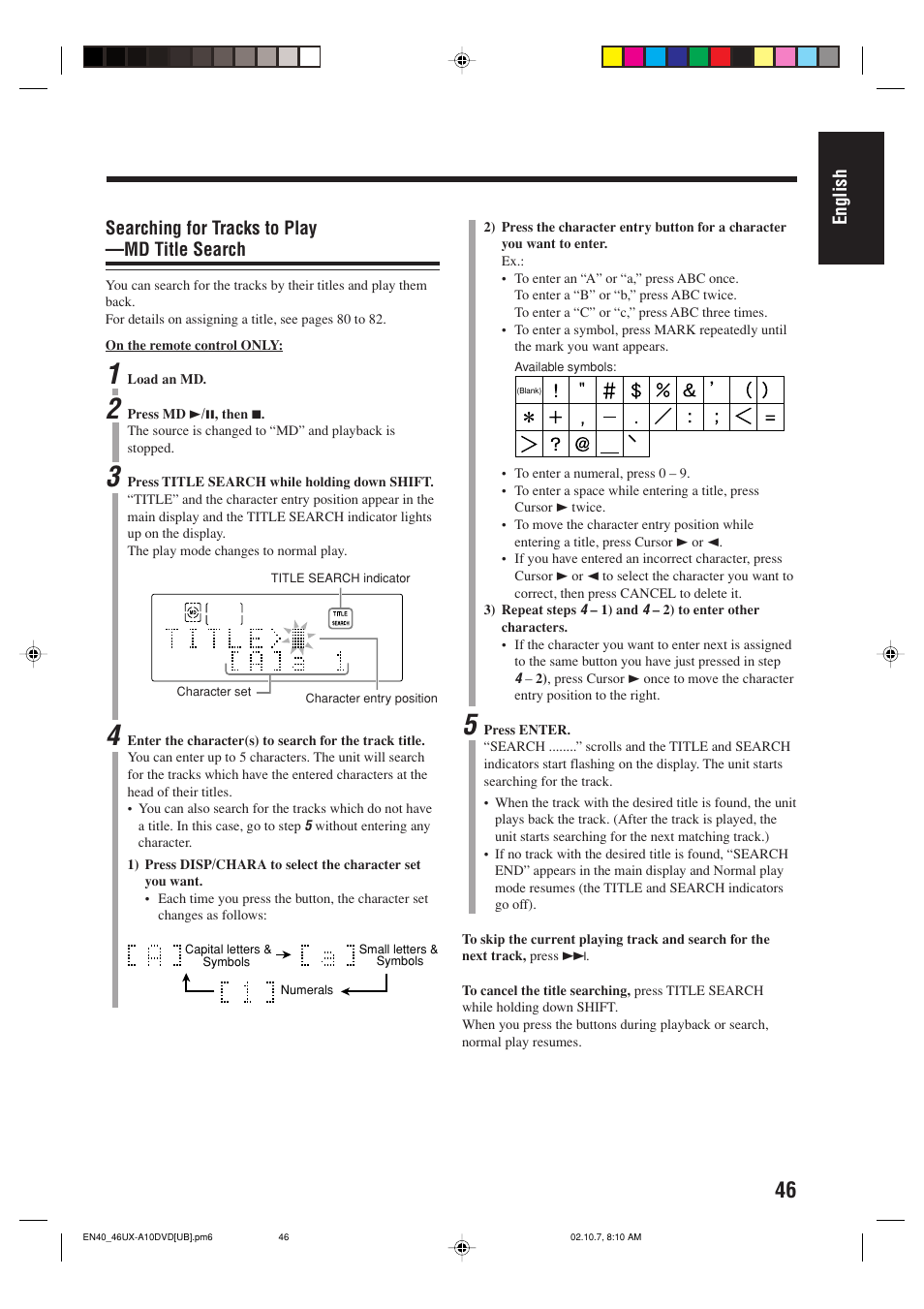 English, Searching for tracks to play —md title search | JVC UX-A10DVD User Manual | Page 49 / 106