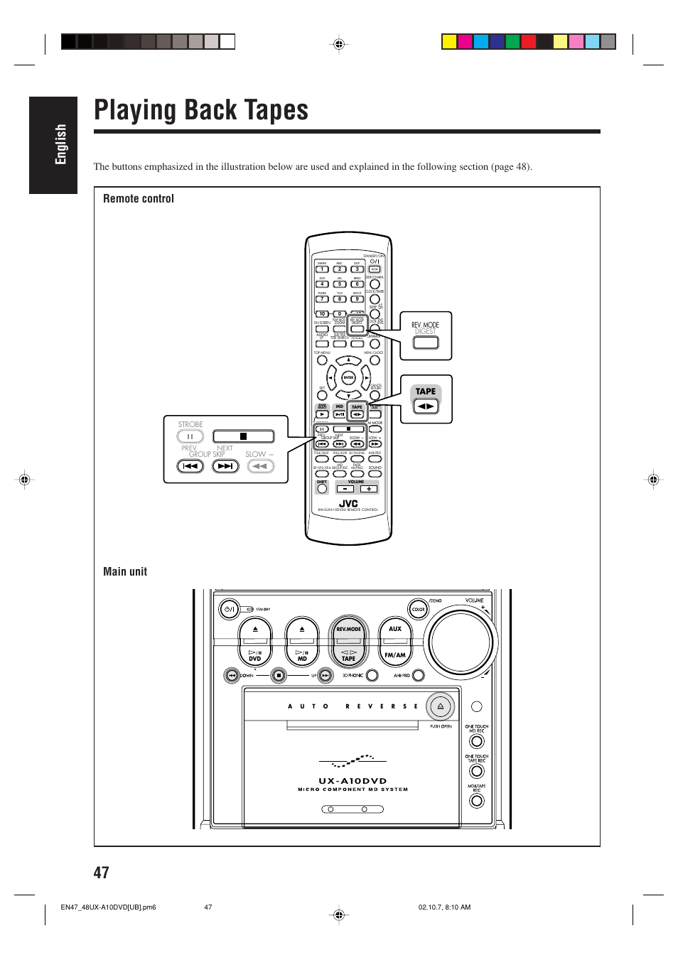 Playing back tapes, English, Main unit | Remote control, Tape | JVC UX-A10DVD User Manual | Page 50 / 106