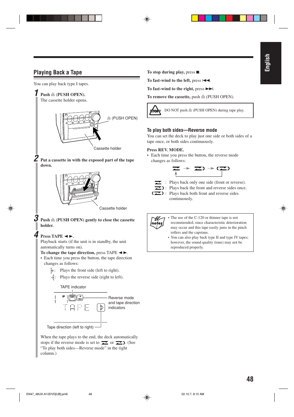 English, Playing back a tape | JVC UX-A10DVD User Manual | Page 51 / 106