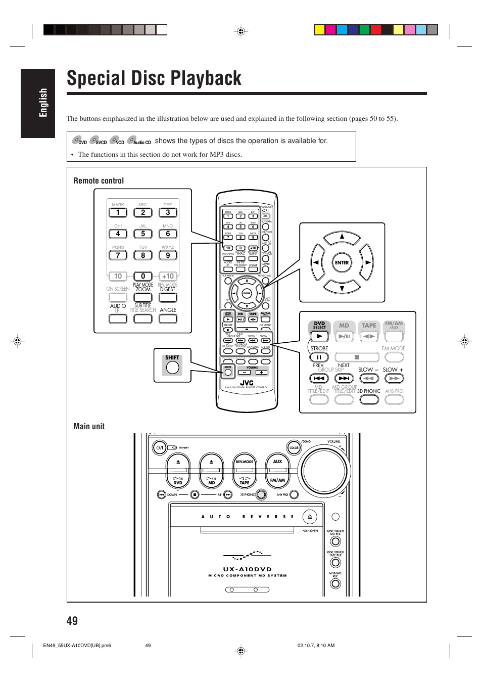 Special disc playback, English, Remote control | Main unit | JVC UX-A10DVD User Manual | Page 52 / 106