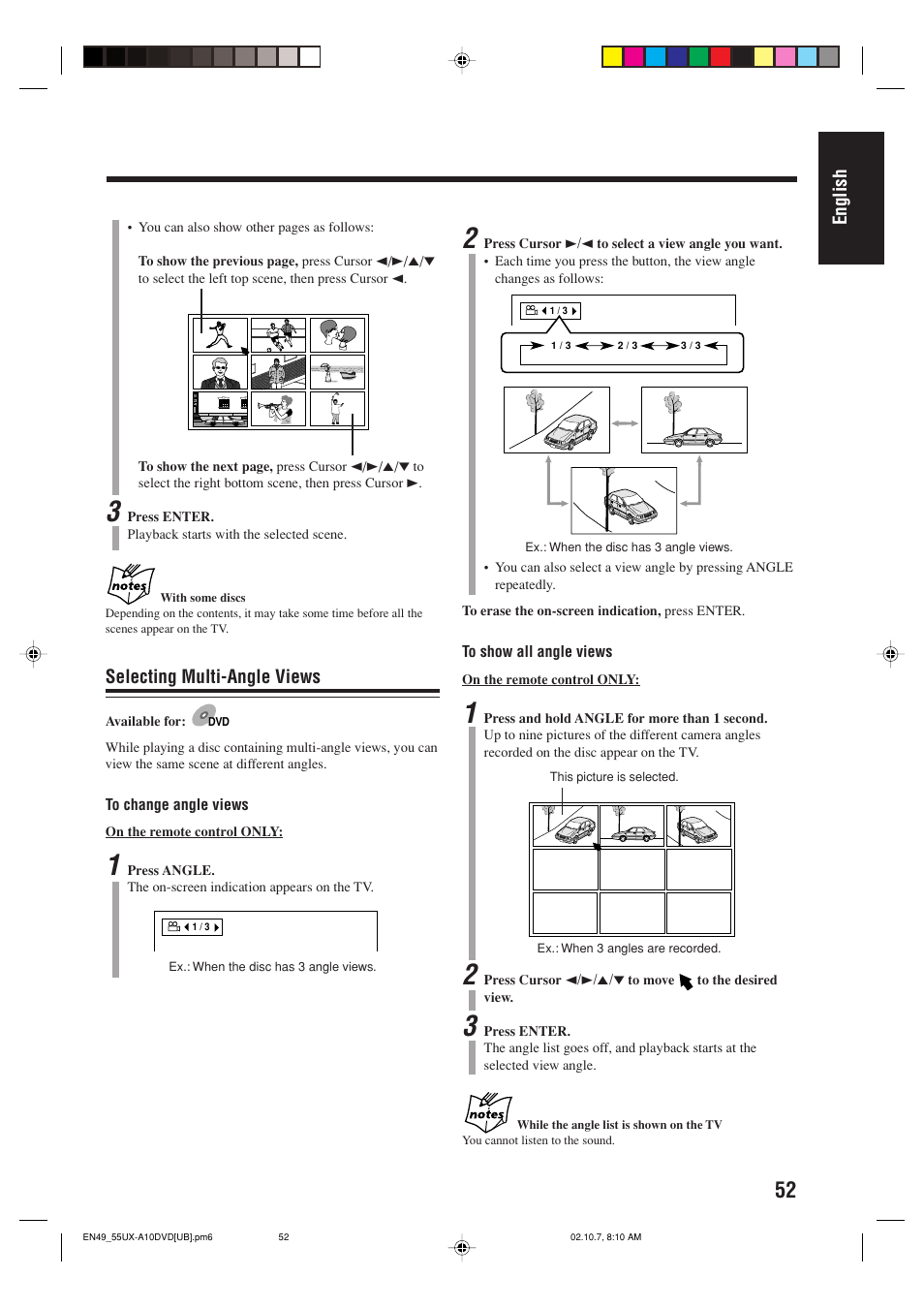 English, Selecting multi-angle views | JVC UX-A10DVD User Manual | Page 55 / 106