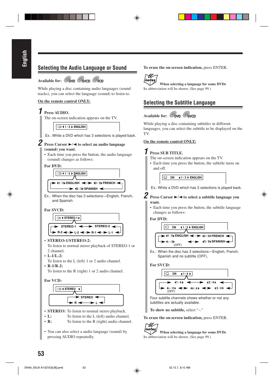 English selecting the audio language or sound, Selecting the subtitle language | JVC UX-A10DVD User Manual | Page 56 / 106