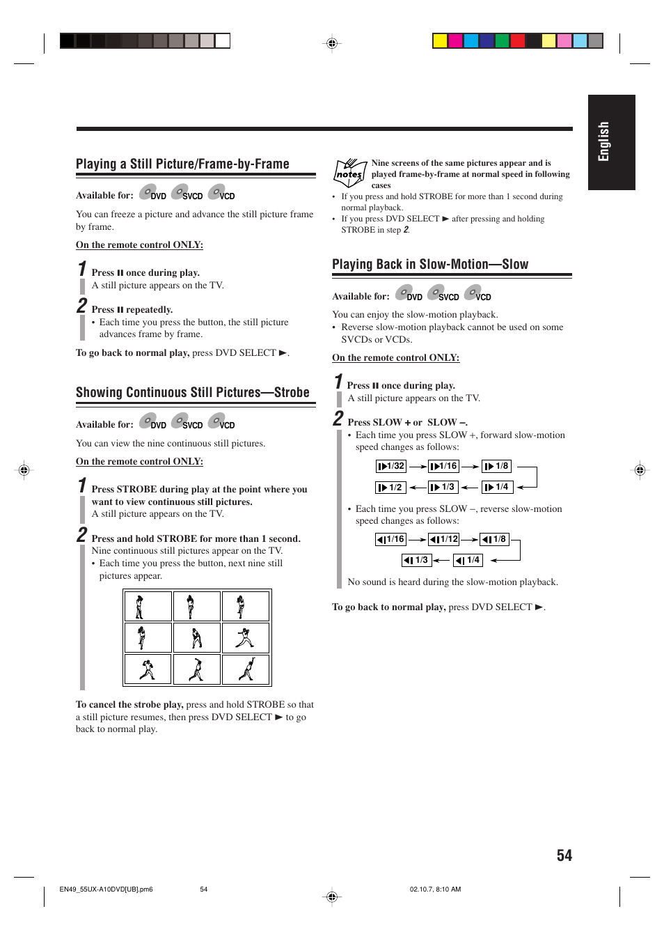 English playing a still picture/frame-by-frame, Showing continuous still pictures—strobe, Playing back in slow-motion—slow | JVC UX-A10DVD User Manual | Page 57 / 106