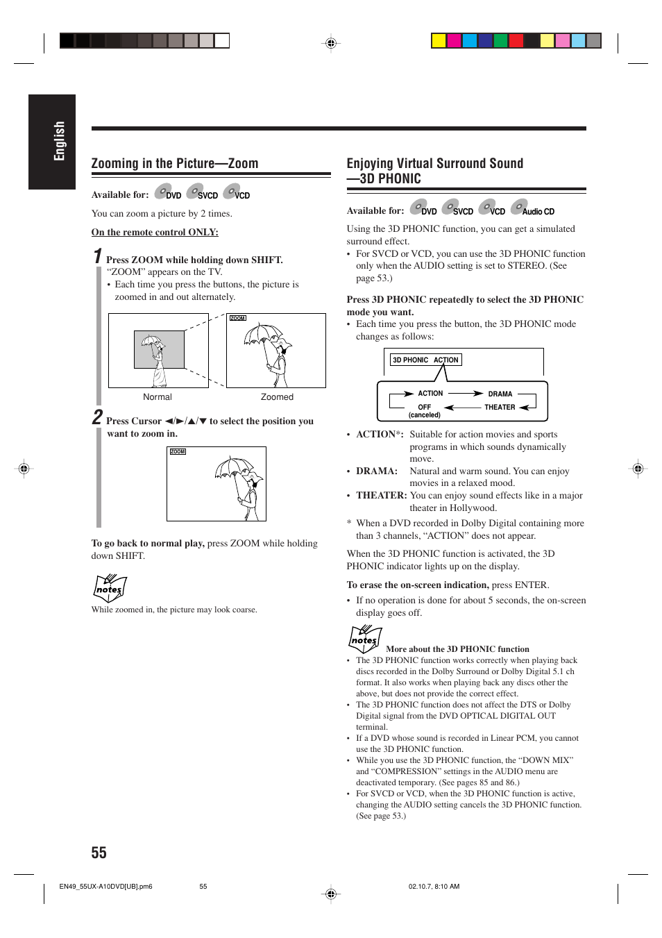 English zooming in the picture—zoom, Enjoying virtual surround sound —3d phonic | JVC UX-A10DVD User Manual | Page 58 / 106