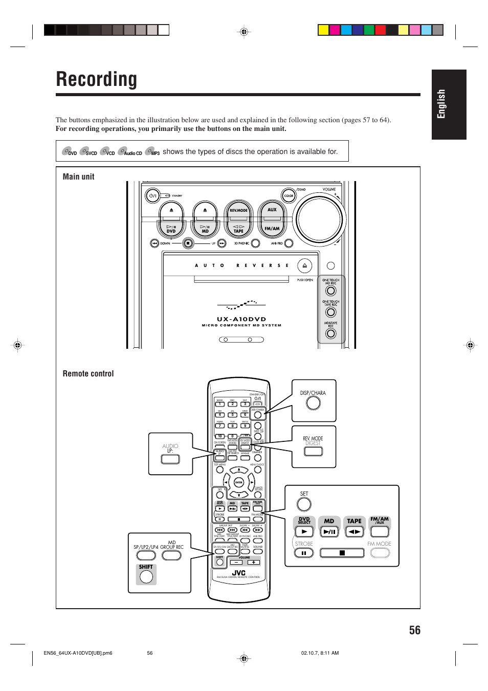 Recording, English, Main unit remote control | Tape md | JVC UX-A10DVD User Manual | Page 59 / 106