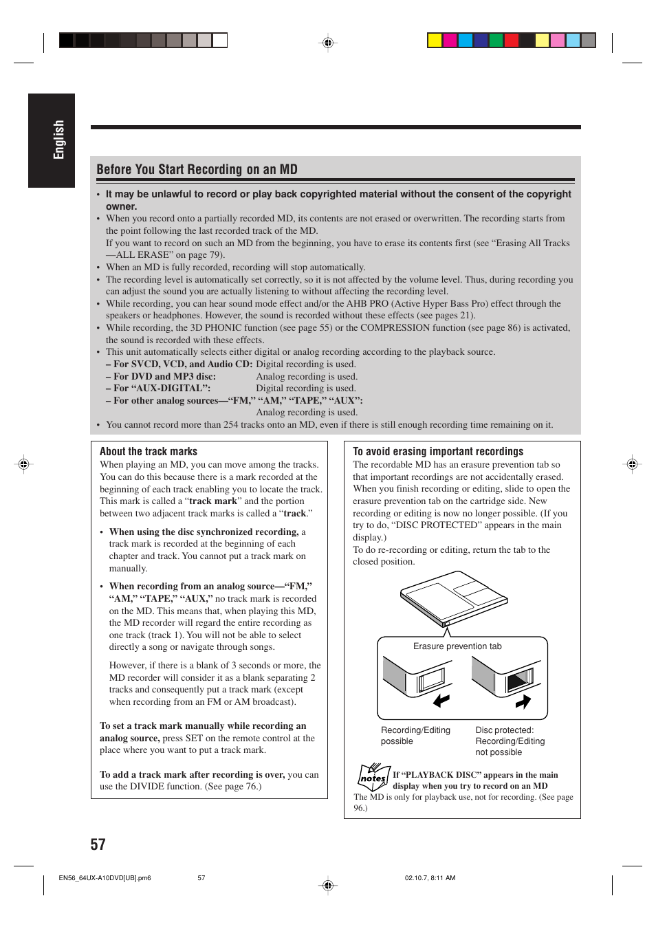 English before you start recording on an md | JVC UX-A10DVD User Manual | Page 60 / 106