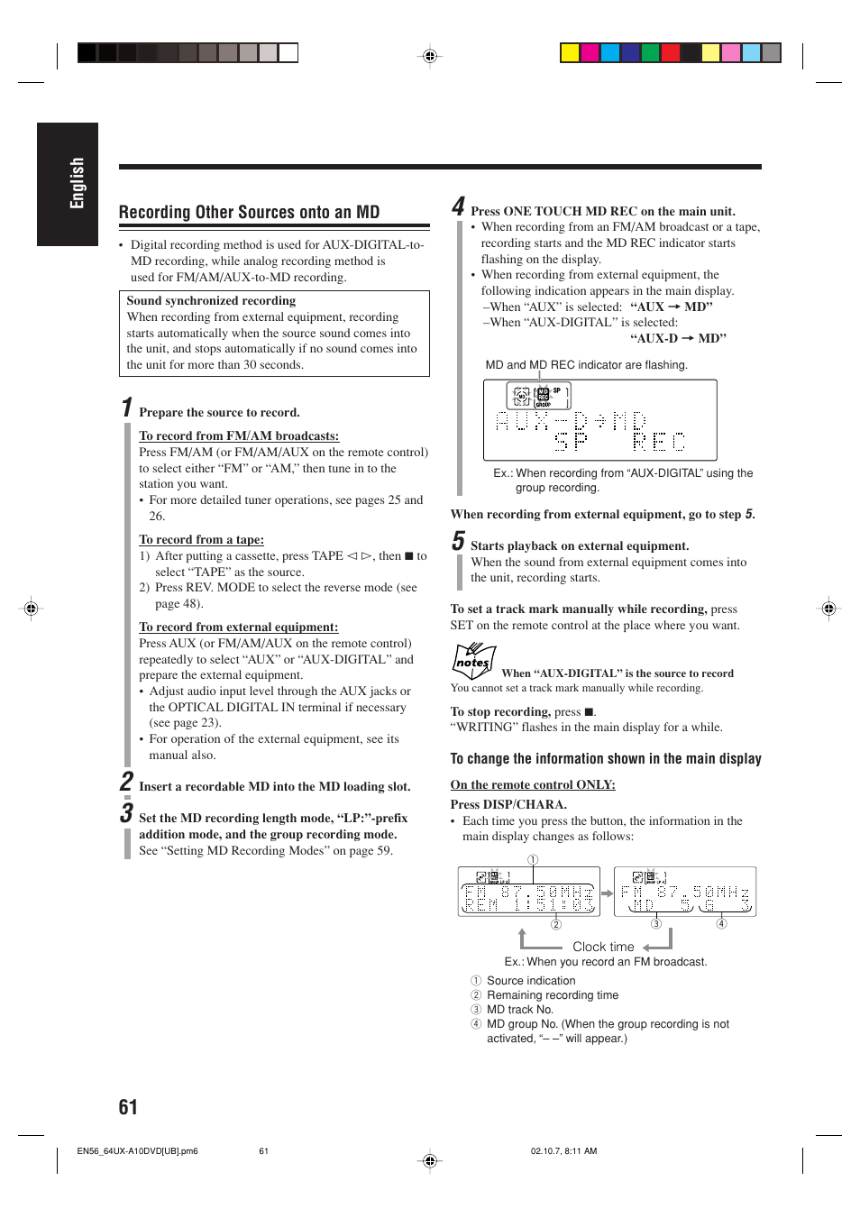 English, Recording other sources onto an md | JVC UX-A10DVD User Manual | Page 64 / 106