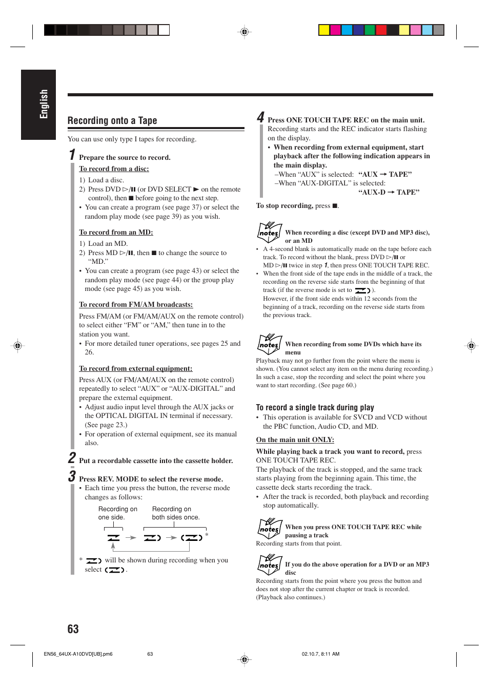 English, Recording onto a tape | JVC UX-A10DVD User Manual | Page 66 / 106