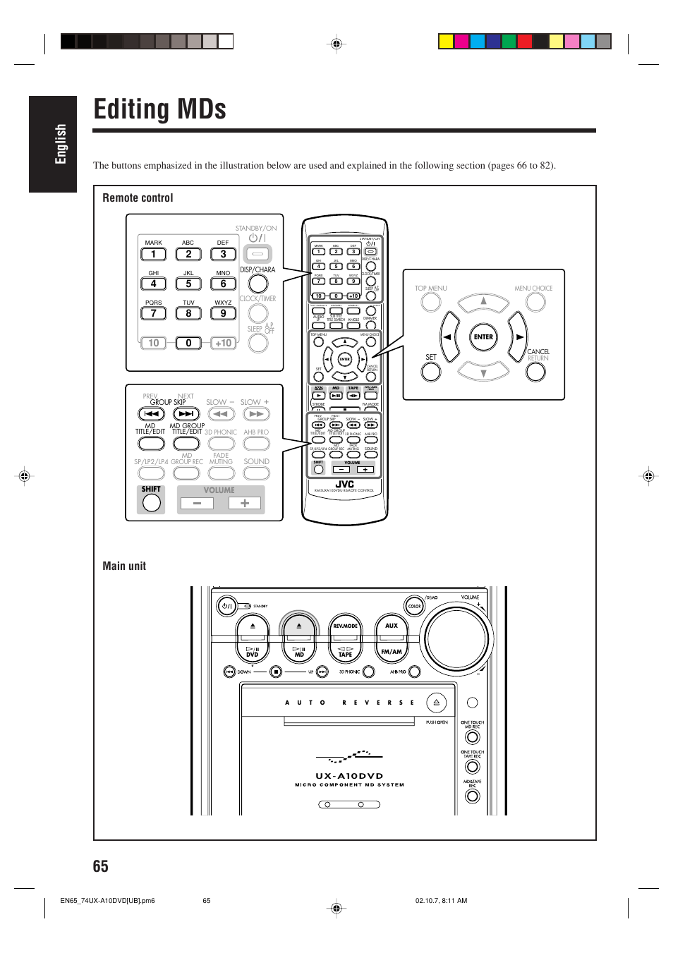 Editing mds, English, Remote control | Main unit | JVC UX-A10DVD User Manual | Page 68 / 106