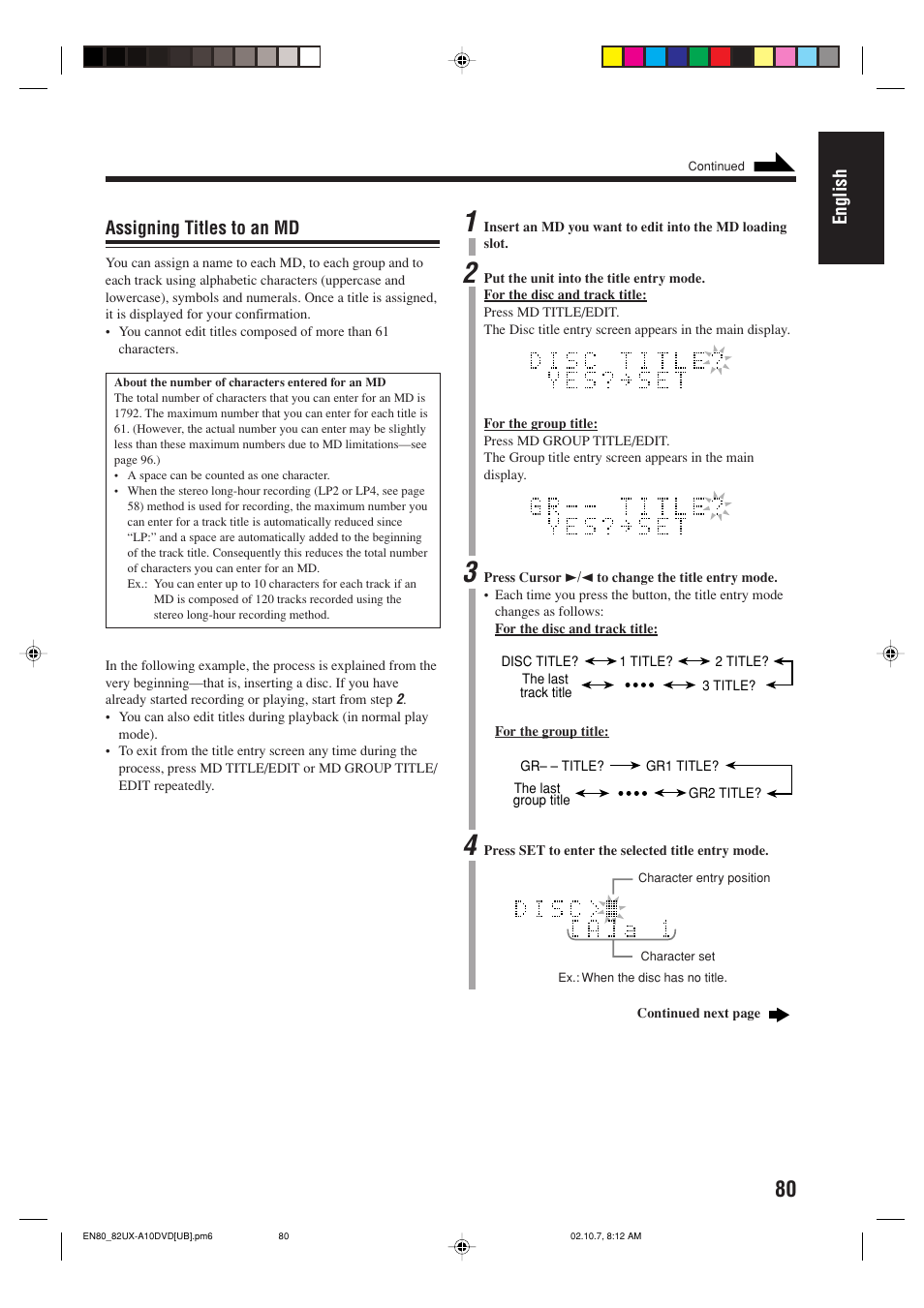 English, Assigning titles to an md | JVC UX-A10DVD User Manual | Page 83 / 106