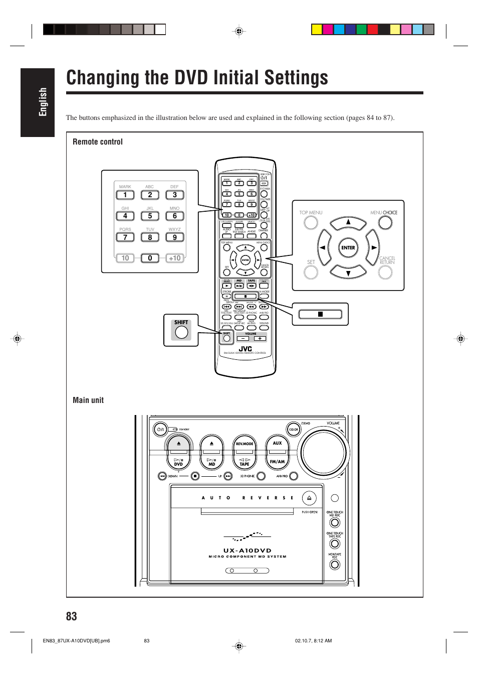 Changing the dvd initial settings, English, Main unit | Remote control | JVC UX-A10DVD User Manual | Page 86 / 106