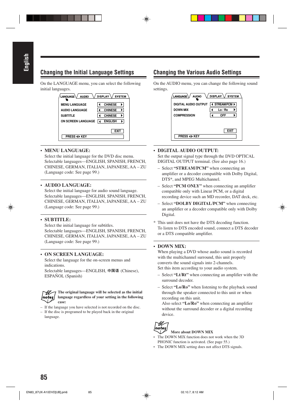 English changing the initial language settings, Changing the various audio settings | JVC UX-A10DVD User Manual | Page 88 / 106