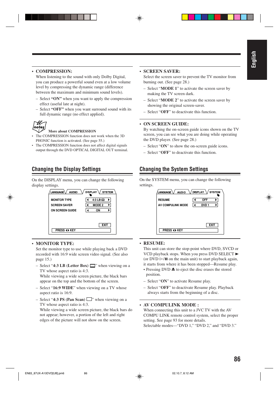English, Changing the system settings, Changing the display settings | JVC UX-A10DVD User Manual | Page 89 / 106