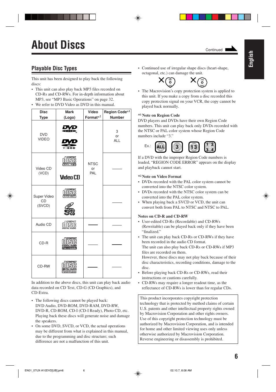 About discs, English, Playable disc types | JVC UX-A10DVD User Manual | Page 9 / 106