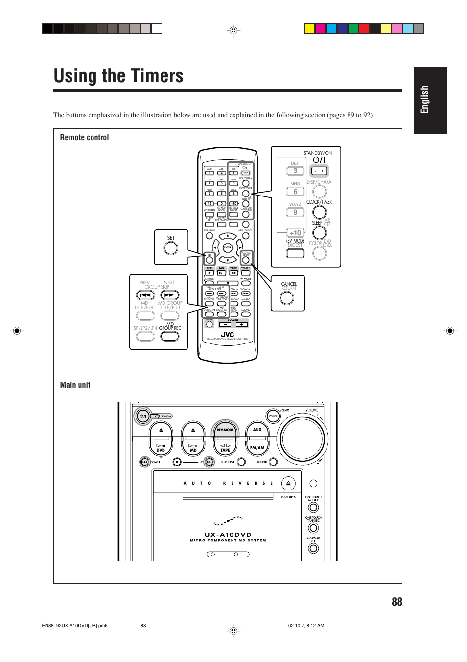 Using the timers, English, Remote control main unit | JVC UX-A10DVD User Manual | Page 91 / 106