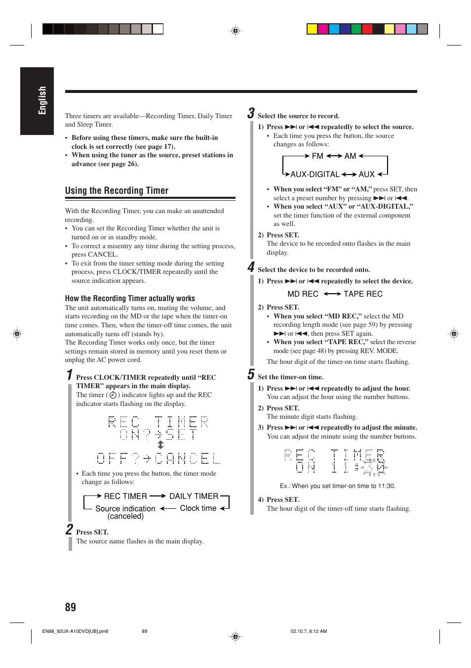 English, Using the recording timer | JVC UX-A10DVD User Manual | Page 92 / 106
