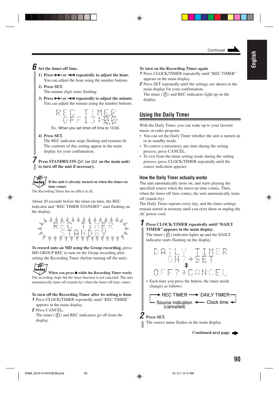 English, Using the daily timer | JVC UX-A10DVD User Manual | Page 93 / 106