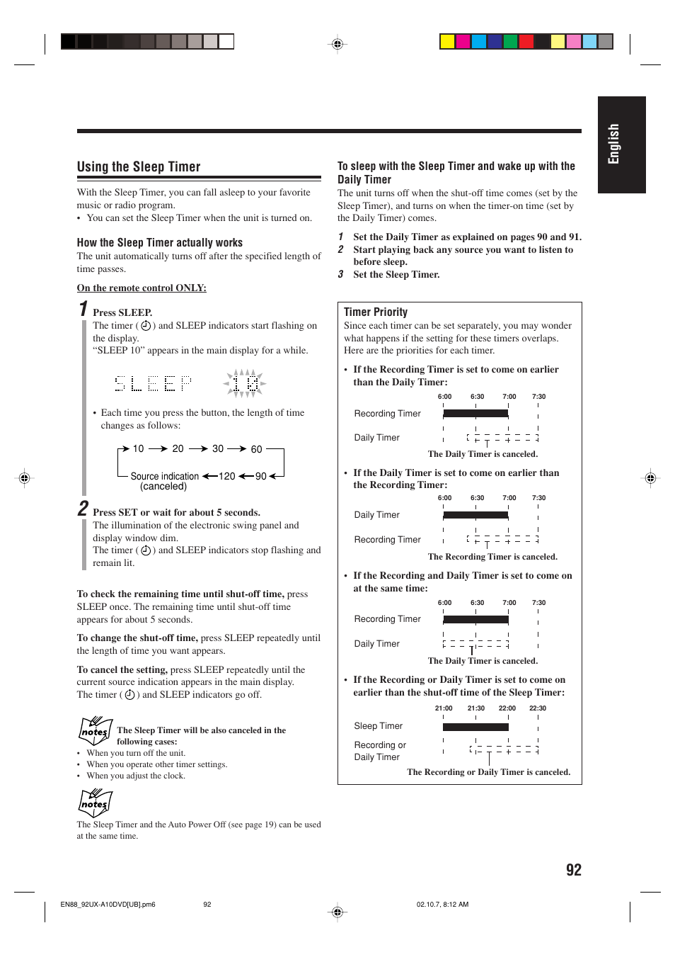 English using the sleep timer | JVC UX-A10DVD User Manual | Page 95 / 106