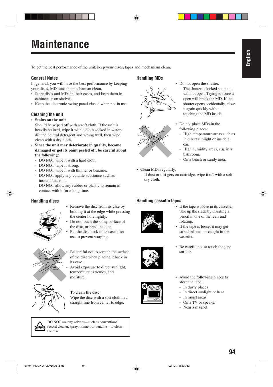 Maintenance, English | JVC UX-A10DVD User Manual | Page 97 / 106