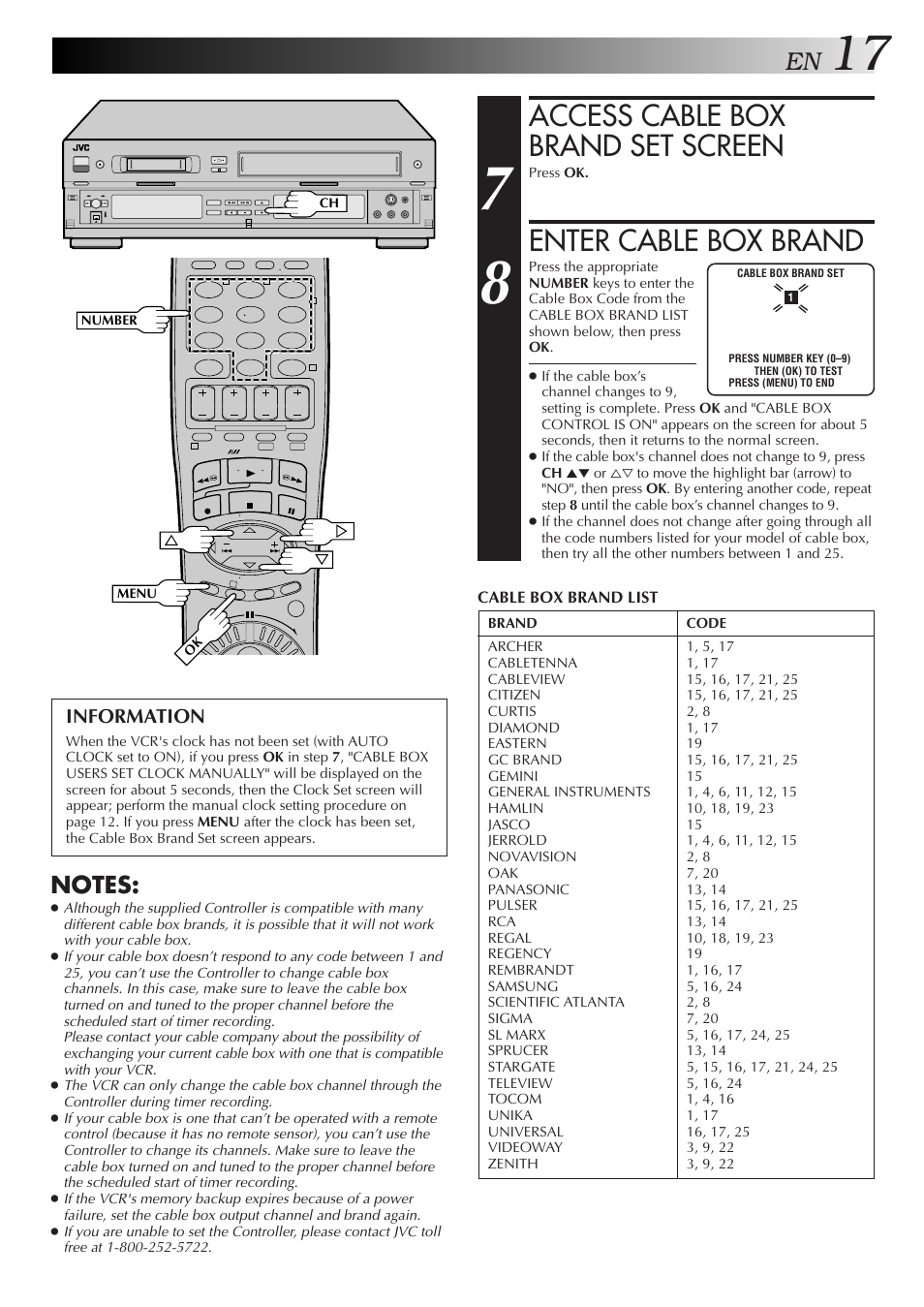 Access cable box brand set screen, Enter cable box brand, Information | JVC SR-VS10U User Manual | Page 17 / 80