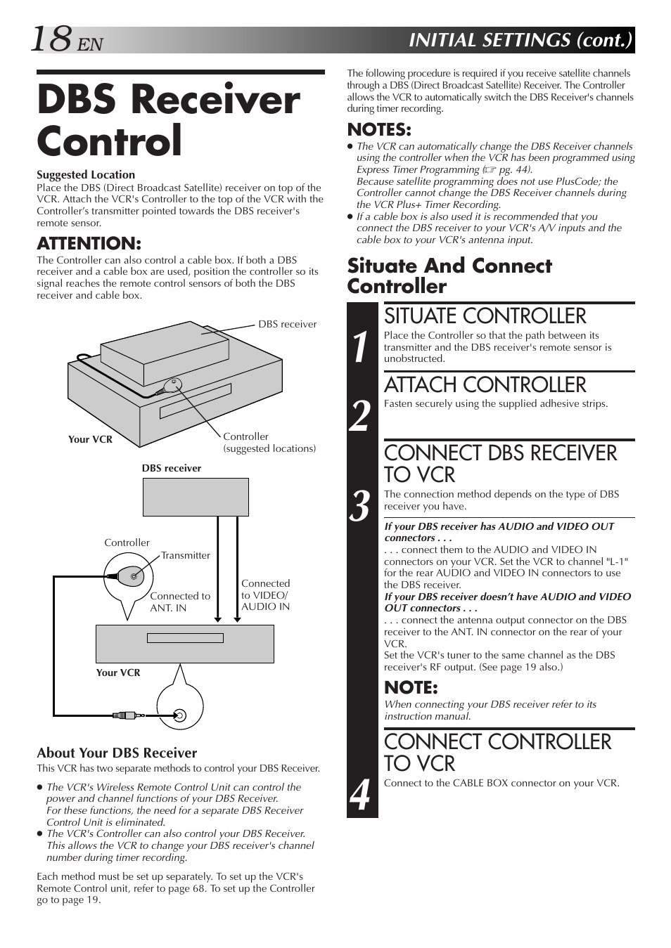 Dbs receiver control, Situate controller, Attach controller | Connect dbs receiver to vcr, Connect controller to vcr, Initial settings (cont.), Situate and connect controller | JVC SR-VS10U User Manual | Page 18 / 80