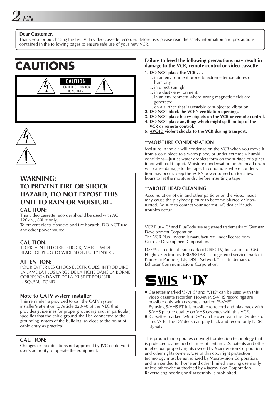 Cautions, Warning | JVC SR-VS10U User Manual | Page 2 / 80