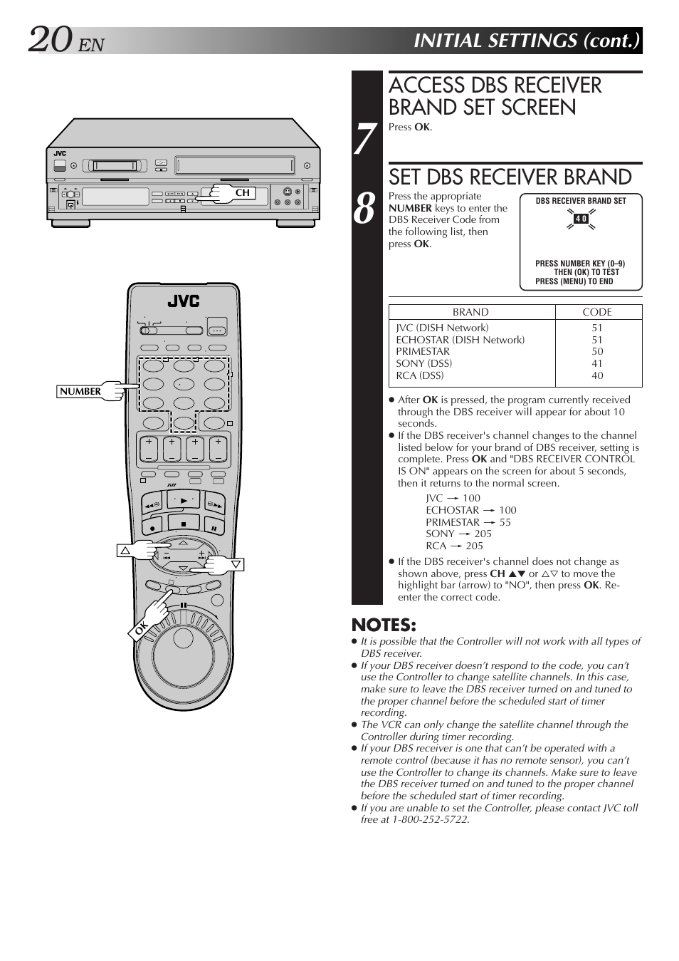 Access dbs receiver brand set screen, Set dbs receiver brand, Initial settings (cont.) | JVC SR-VS10U User Manual | Page 20 / 80