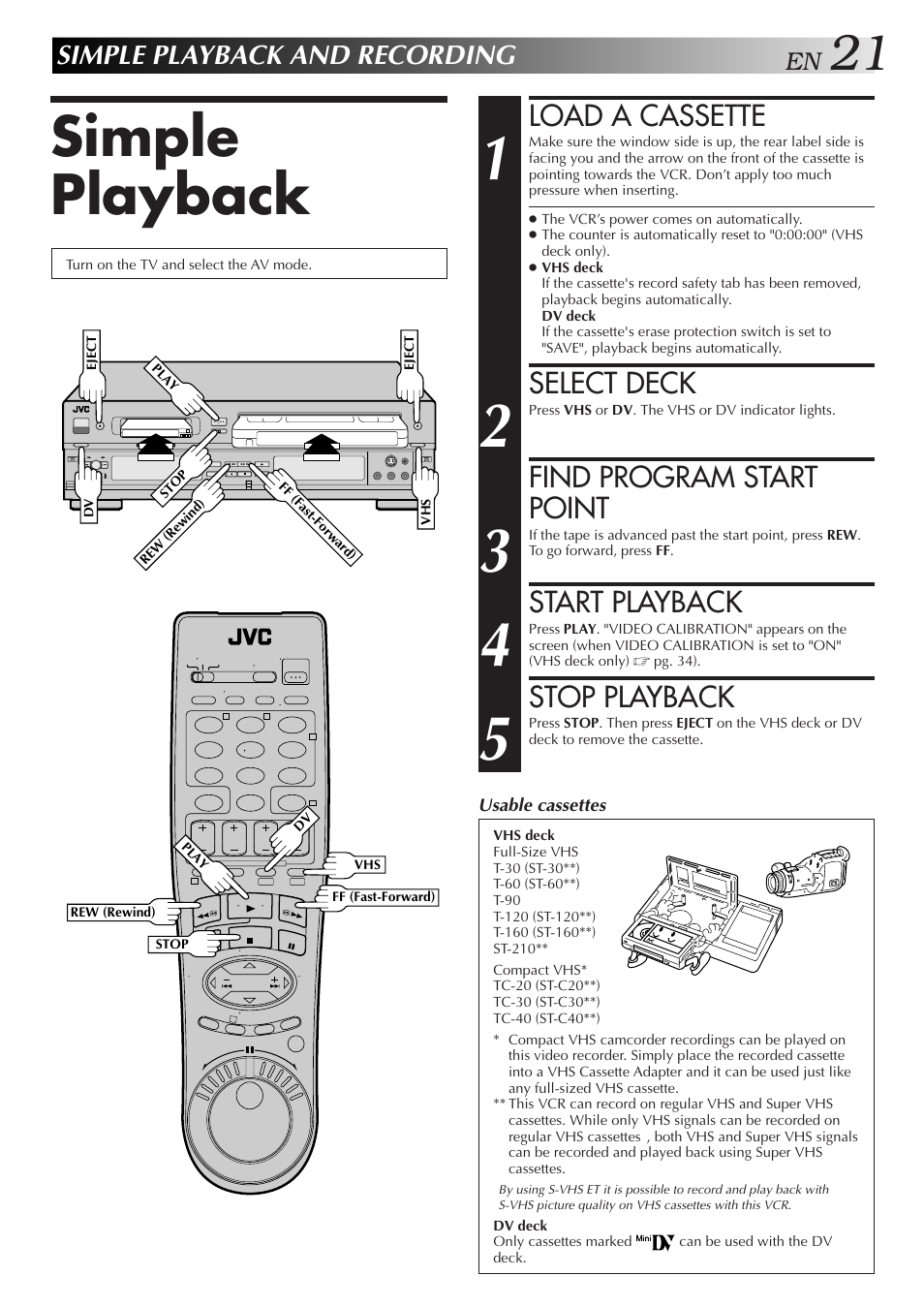 Simple playback, Load a cassette, Select deck | Find program start point, Start playback, Stop playback, Simple playback and recording | JVC SR-VS10U User Manual | Page 21 / 80