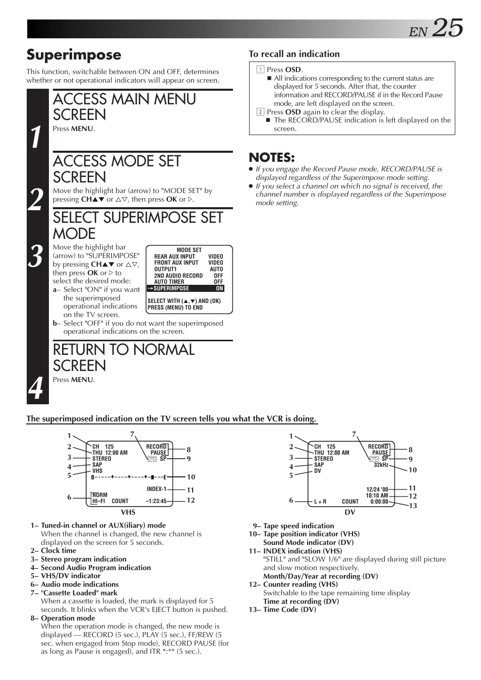 Access main menu screen, Access mode set screen, Select superimpose set mode | Return to normal screen, Superimpose | JVC SR-VS10U User Manual | Page 25 / 80