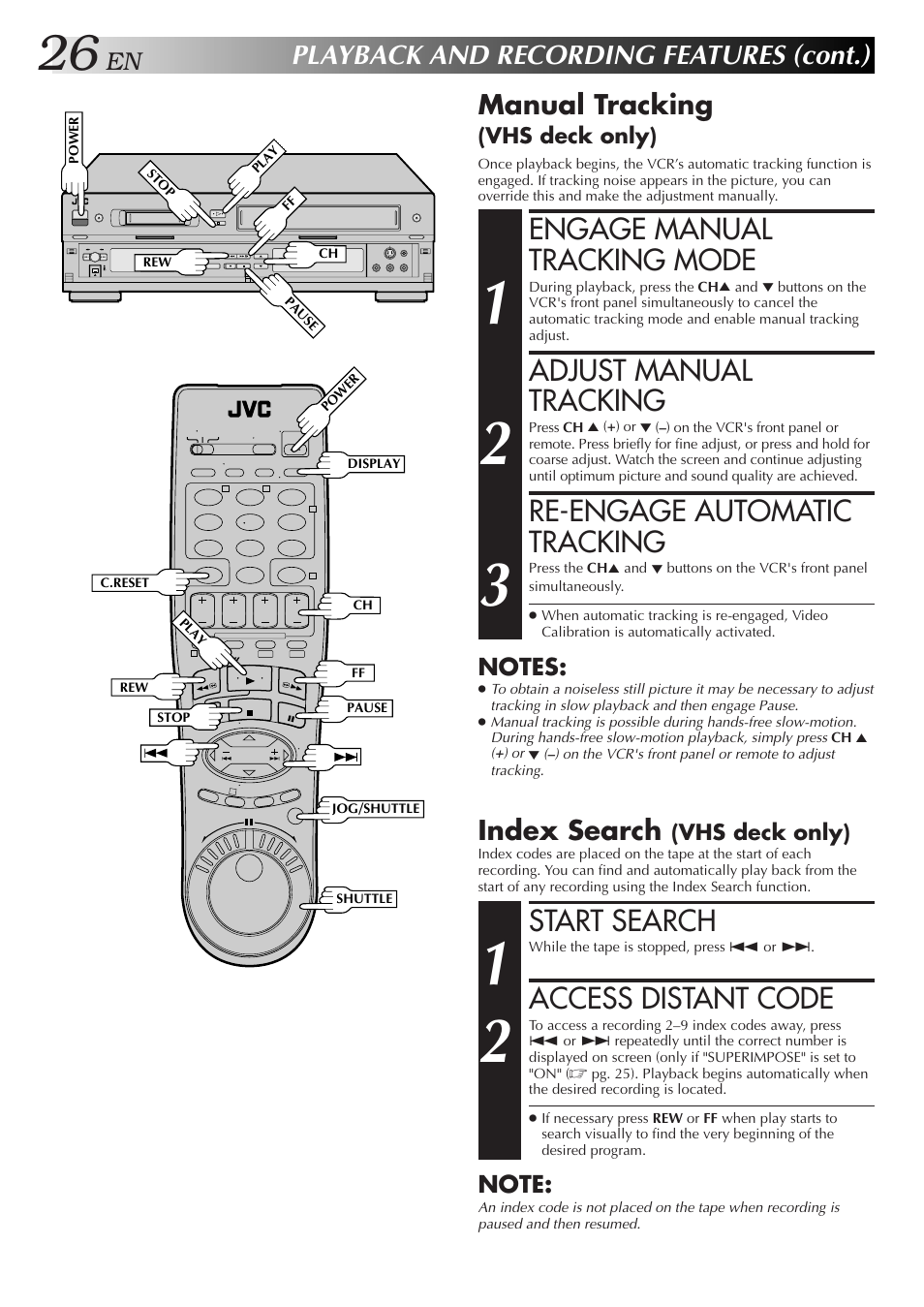 Start search, Access distant code, Engage manual tracking mode | Adjust manual tracking, Re-engage automatic tracking, Playback and recording features (cont.), Index search, Manual tracking | JVC SR-VS10U User Manual | Page 26 / 80